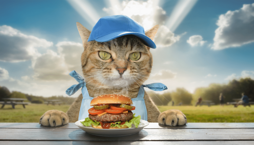 Mit Adobe Firefly Image 5 generiertes KI Bild einer Katze und einem Burger