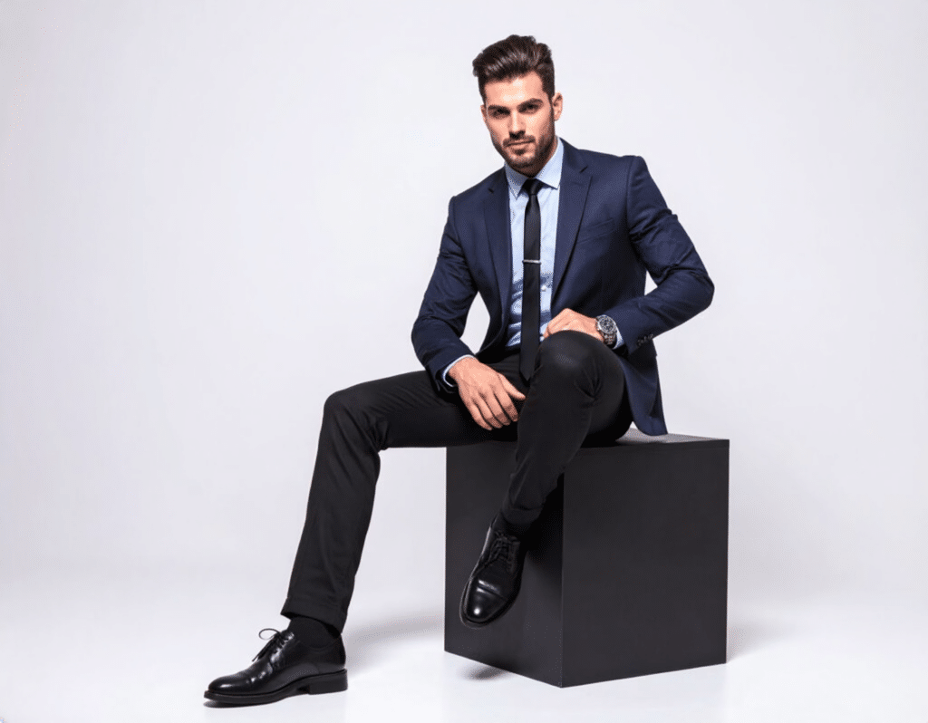 Schulung Photoshop Fortgeschrittene unserTRAINING. Beispiel Bildgenerierung mit Firefly Image 5. Mann sitzt auf einem schwarzen Würfel, Fashion Fotografie