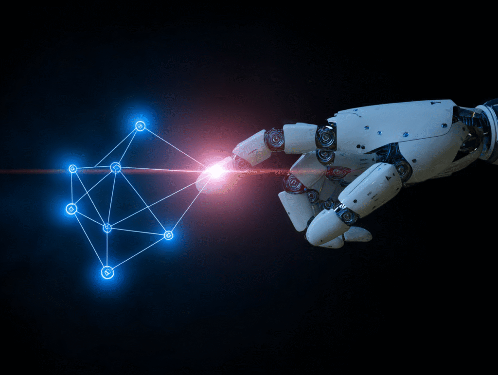 KI Bildgenerierung Ein Roboterarm berührt leuchtende Punkte