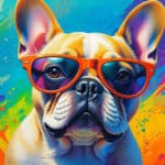 An Andy Warhol style painting of a french bulldog wearing sunglasses