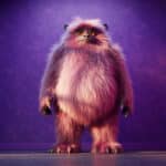 A photo of a big pink furry monster standing in a purple room
