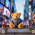 A photo of a Teddy bear on a skateboard in Times Square