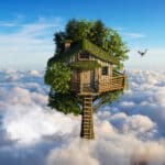 Ein Baumhaus in den Wolken an einem sonnigen Tag, surreale Szene
