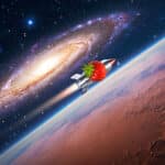 Eine Erdbeere fliegt als Rakete verkleidet zum Mars und begegnet einer neuen Galaxie