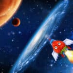 Eine Erdbeere fliegt als Rakete verkleidet zum Mars und begegnet einer neuen Galaxie