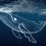 A whale looks like a wireframe or low poly construction under dark blue water with a blue lightning mesh