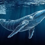 A whale looks like a wireframe or low poly construction under dark blue water with a blue lightning mesh