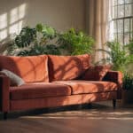 Wohnzimmer mit vielen Pflanzen und einem roten Sofa