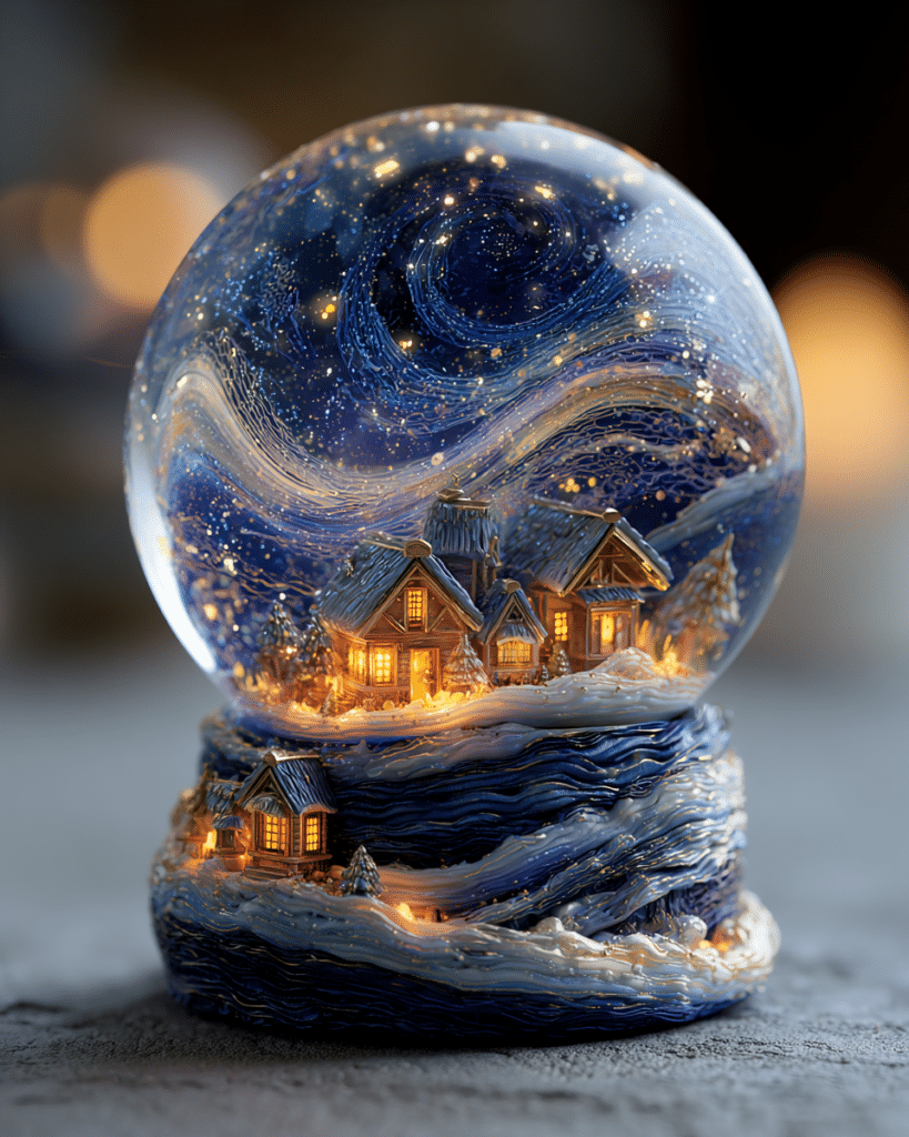 Midjourney Schneekugel Prompt Nummer 9. Schneekugel mit Nachthimmel